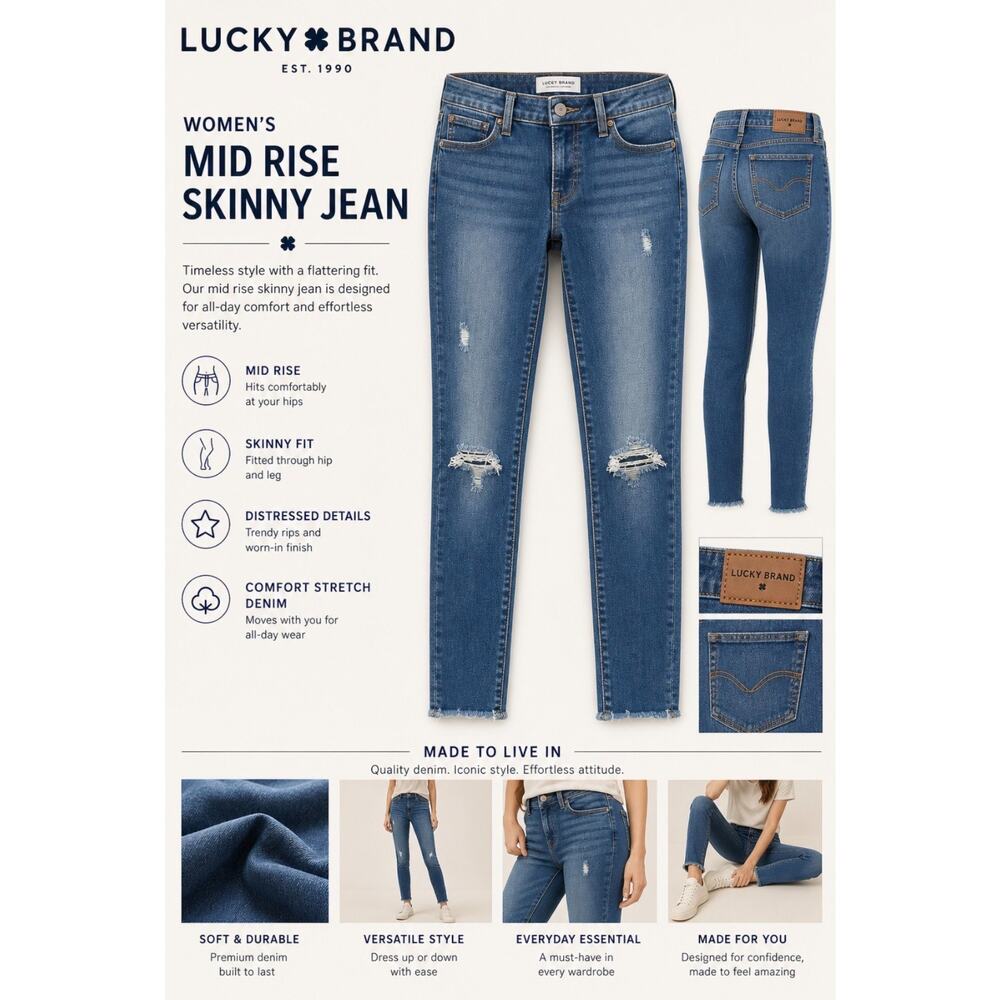 Lucky Brand Women's Mid-Rise Skinny Jeans Distressed Blue Stretch Size 2/26A
